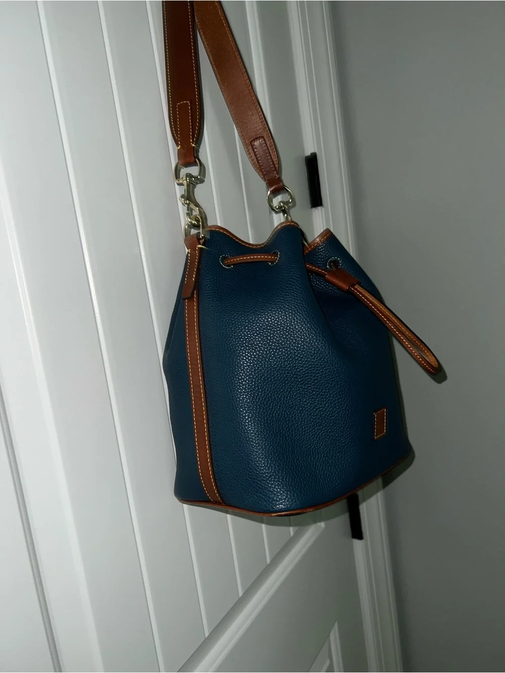 Dooney & Burke Women’s Jeans Blue Drawstring Bucket Bag with Tan Trim